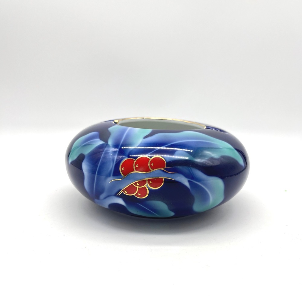 Blue Floral Ceramic Ashtray Gold Trim Vintage Oriental Asian Decor‎